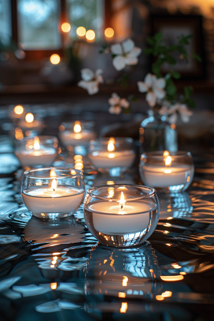 Altar de espiritismo cruzado con vasos de agua y velas