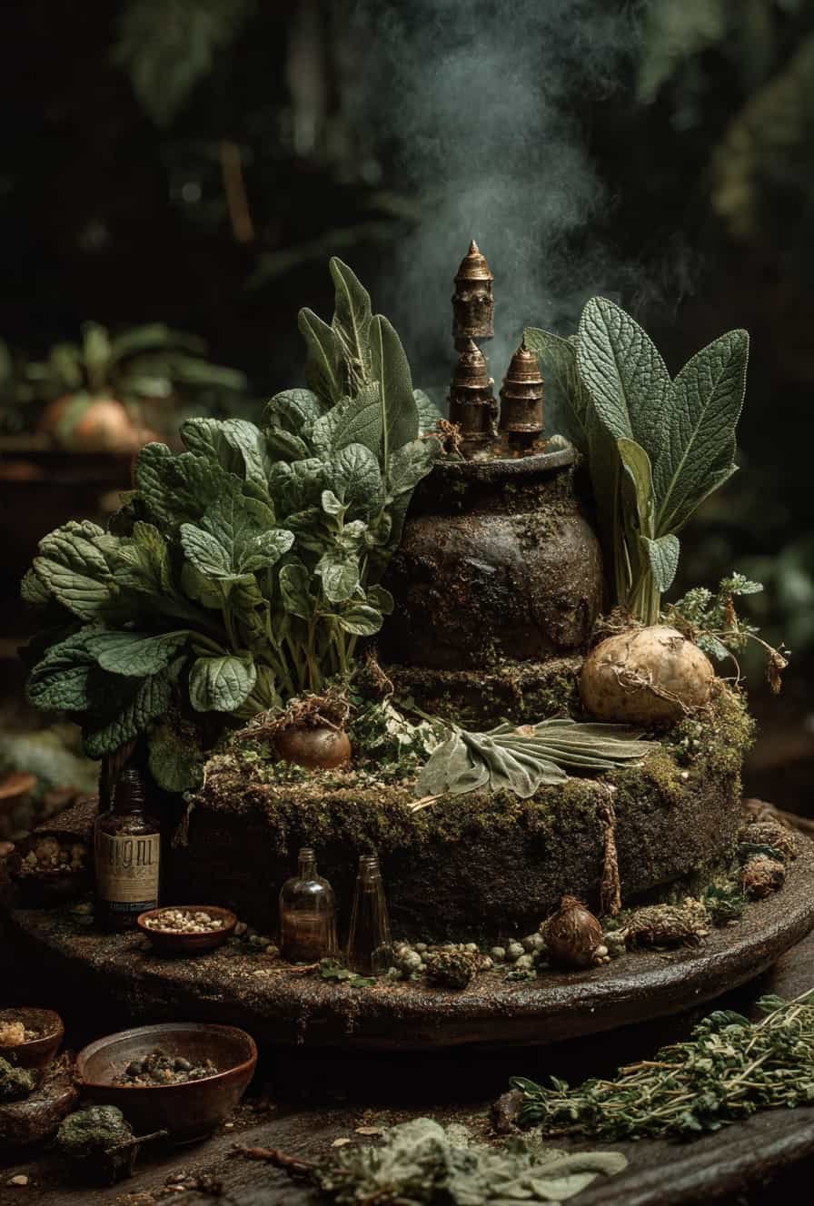 Bodegón de hierbas sagradas y elementos rituales de Osain
