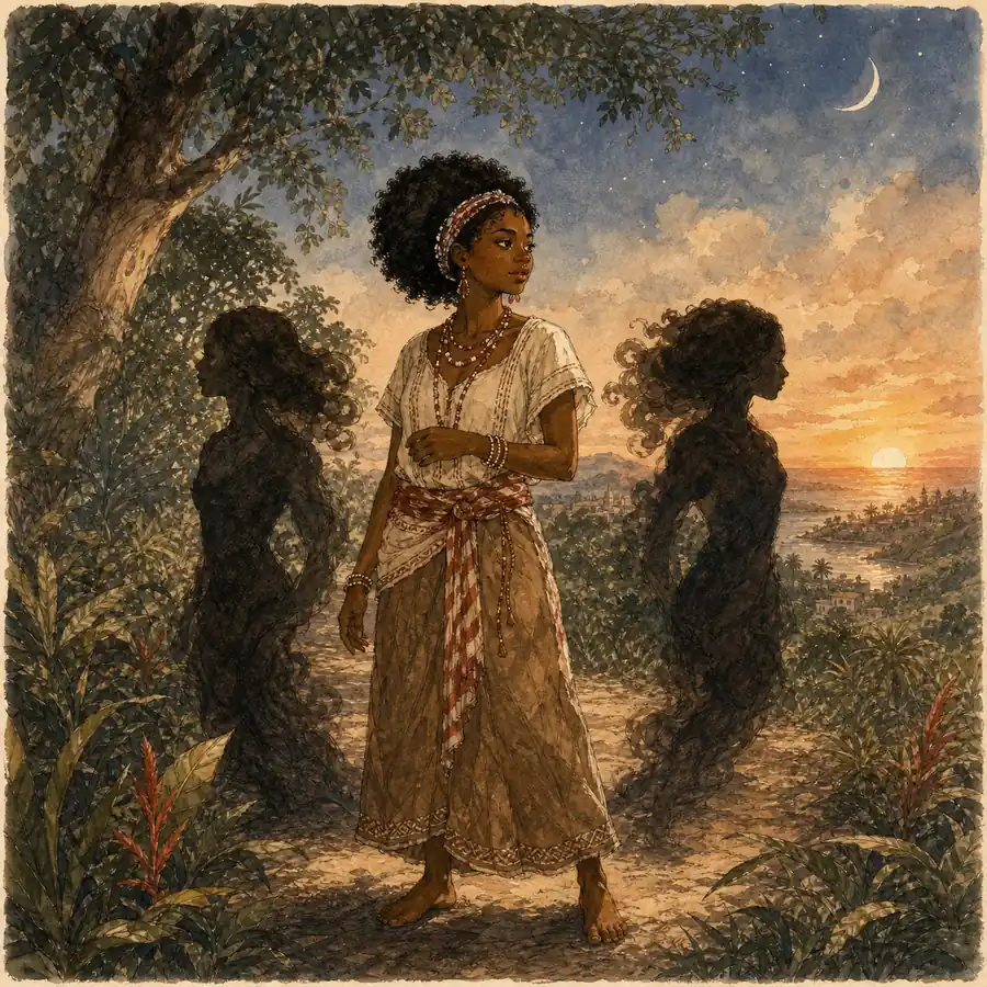 Ilustración editorial de Abokeye acompañada por dos sombras espirituales al atardecer