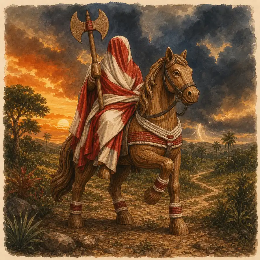 Ilustración editorial de la figura de cedro de Abokun montada a caballo bajo una tormenta