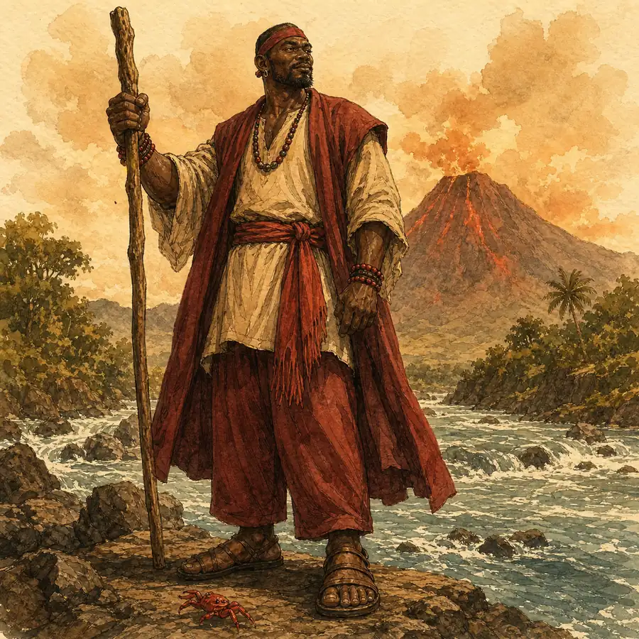 Ilustración editorial de Aggayú Solá con bastón ante un río caudaloso y una montaña volcánica