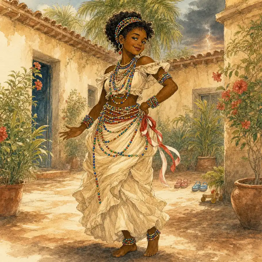 Ilustración editorial de Ainá con cuentas multicolores en un patio cubano