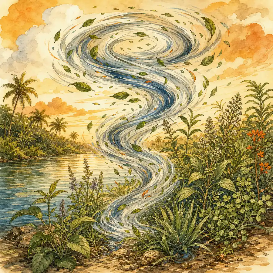 Ilustración editorial de un torbellino de Ajá recorriendo las hierbas de la orilla de un río
