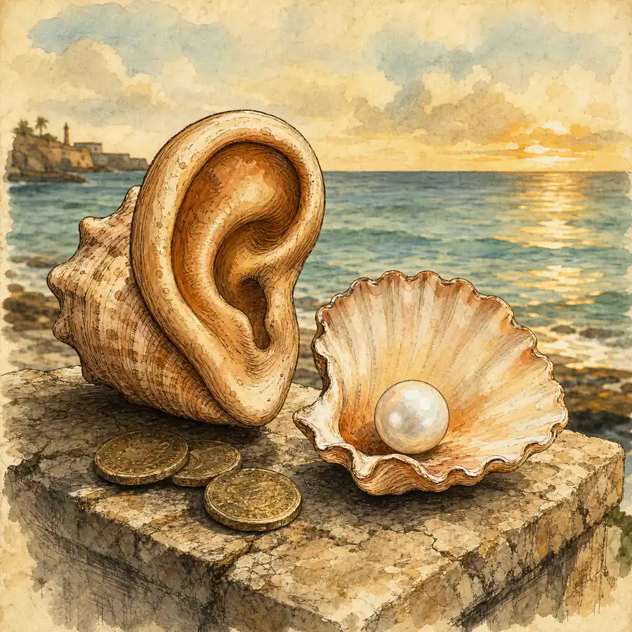 Ilustración editorial de una concha, una perla y monedas junto al mar para representar a Aje Shalunga