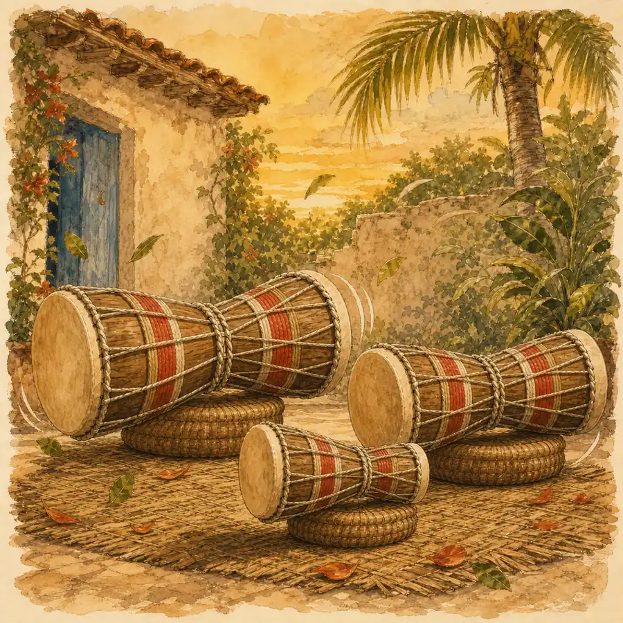 Ilustración editorial de los tres tambores batá vinculados con Añá en un patio cubano