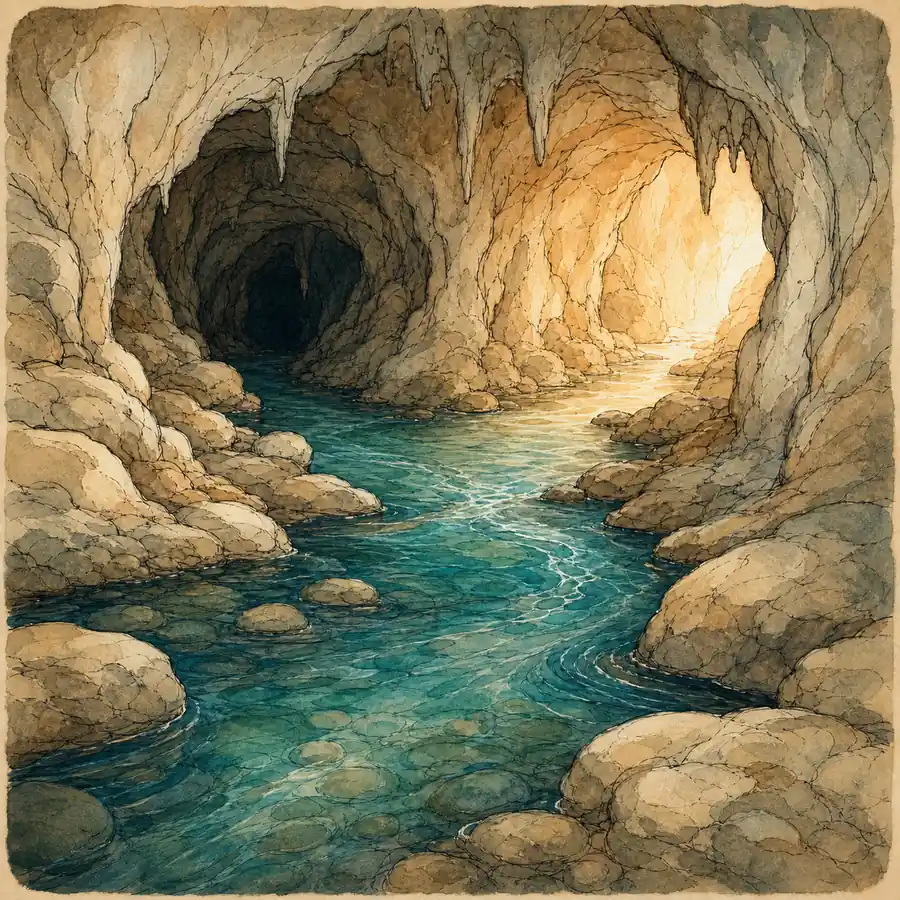 Ilustración editorial de una caverna con el río subterráneo asociado con Ayana