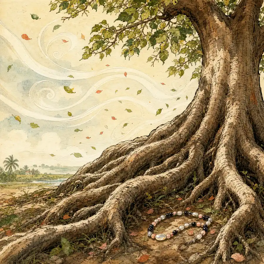 Ilustración editorial de las raíces de una ceiba movidas por el aire para representar a Ayao