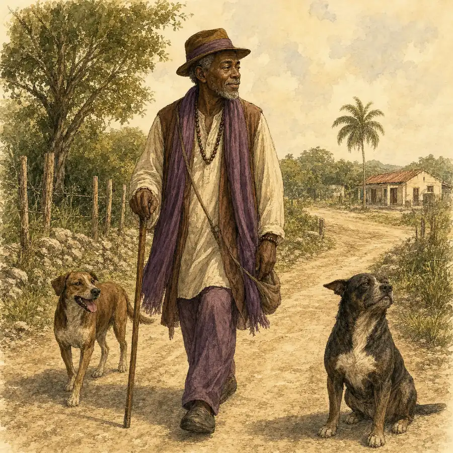 Ilustración editorial de Babalú Ayé caminando acompañado por dos perros