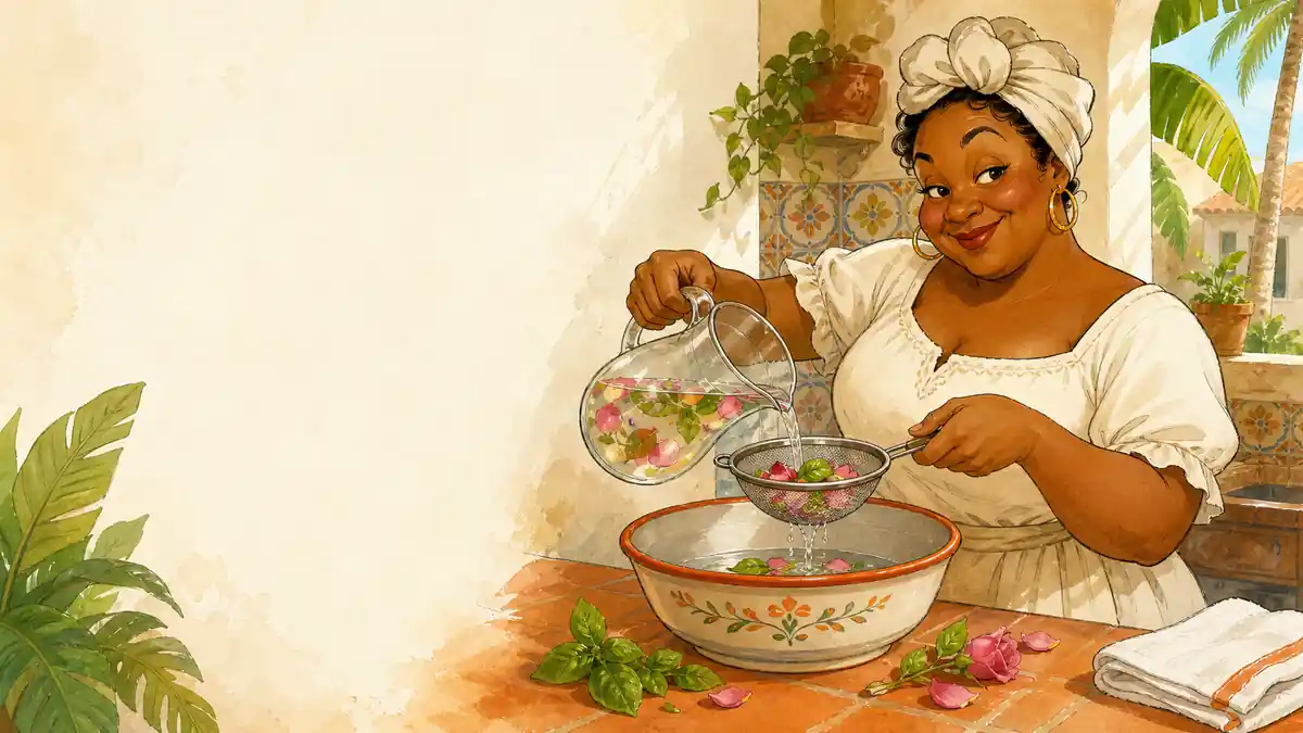 Mujer preparando con cuidado un agua de flores en un patio cubano