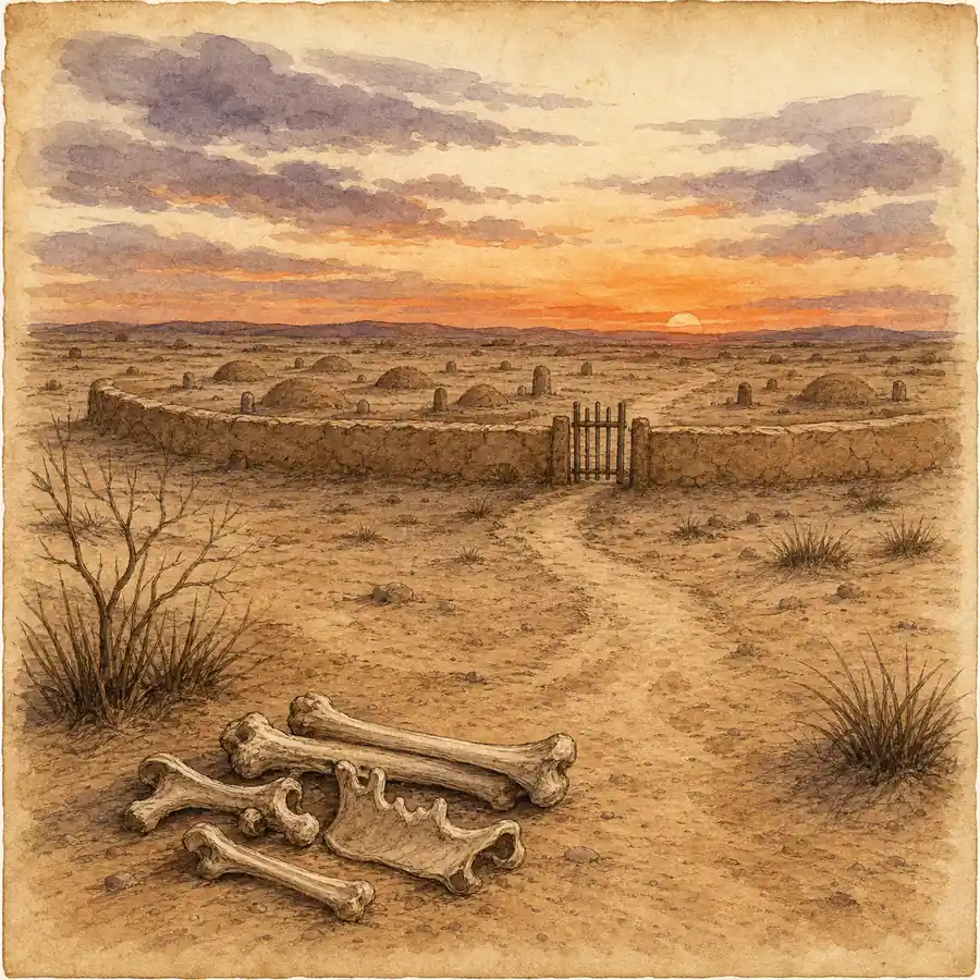 Ilustración editorial de huesos en un paisaje desértico próximo a un cementerio para representar a Boromú