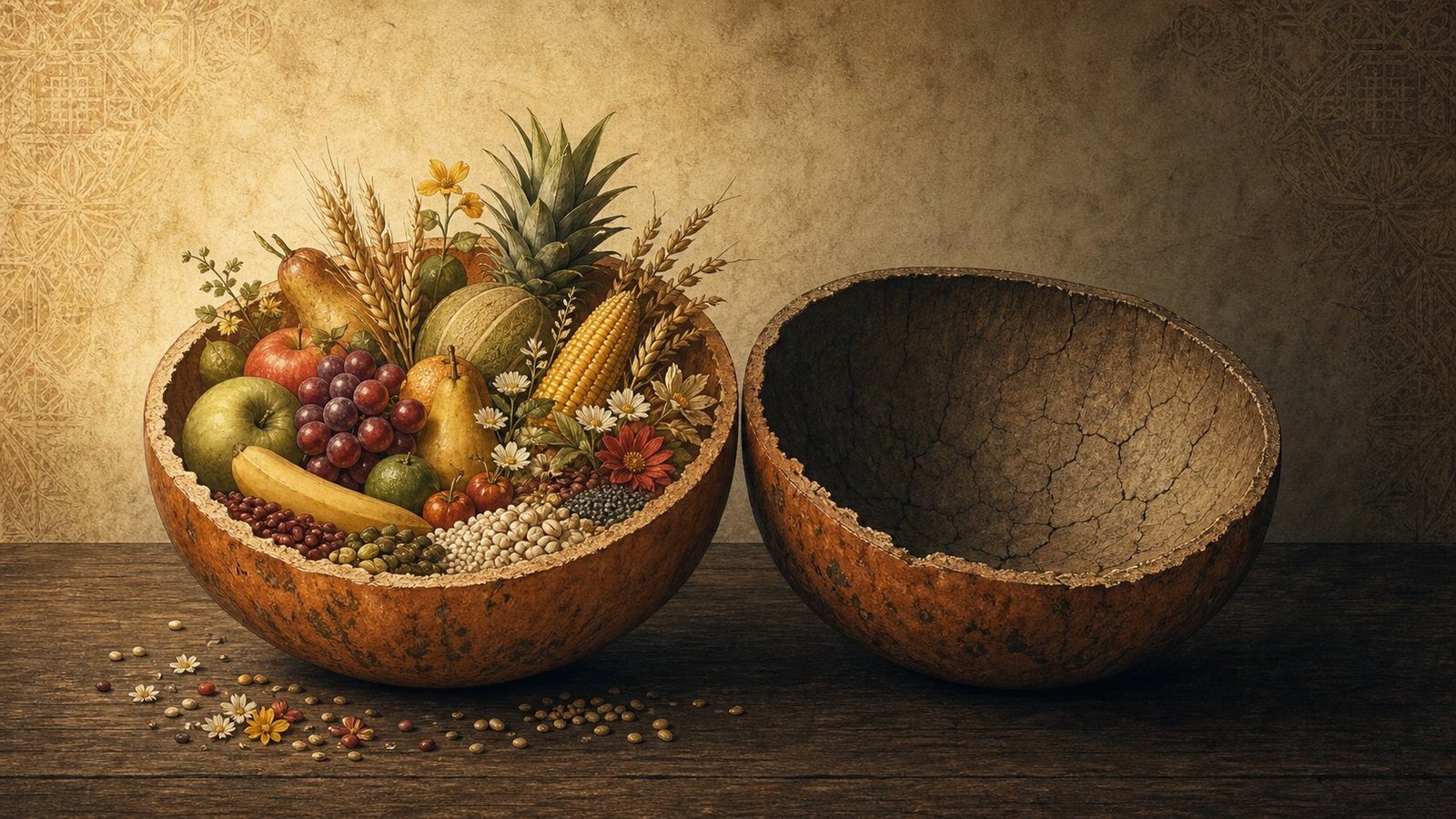 Dos mitades de una calabaza: una rebosante de frutas, granos y flores, la otra vacía
