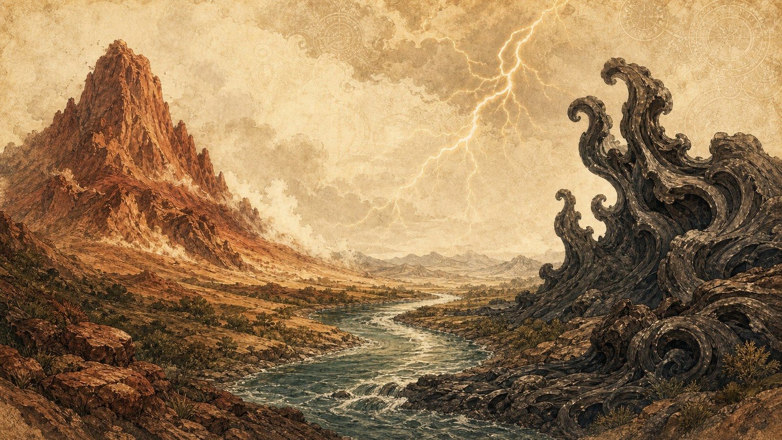 Paisaje con montaña rojiza, un río, un rayo en el cielo y olas oscuras avanzando
