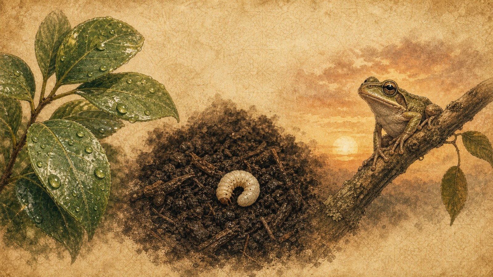 Hojas con rocío, un montículo de tierra con una larva y una rana sobre una rama al atardecer