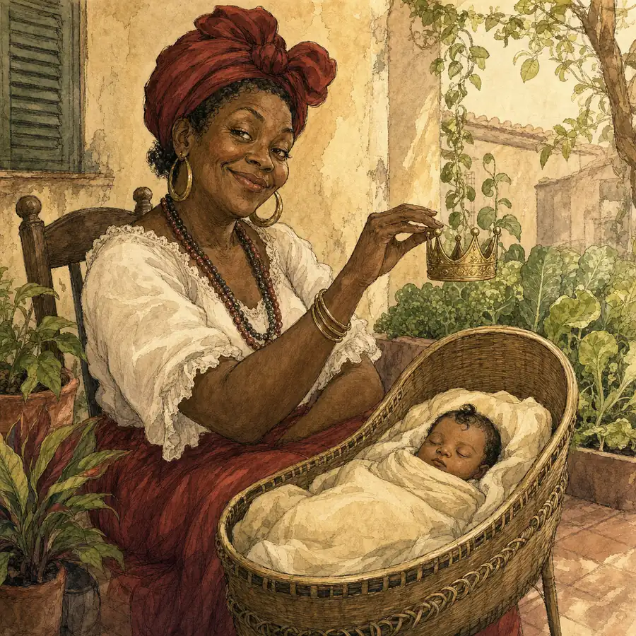 Ilustración editorial de Dadá Baldoné protegiendo a un recién nacido en un patio cubano