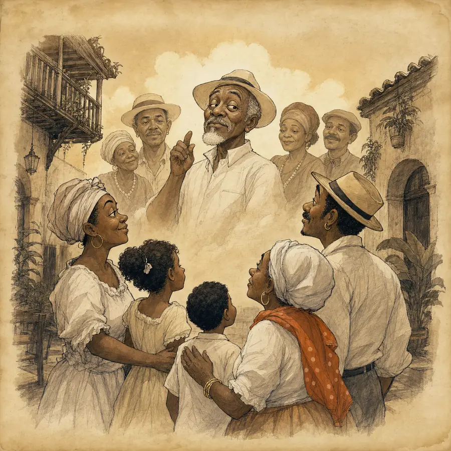 Ilustración editorial de Eggun como presencia protectora de los antepasados junto a una familia afrocubana