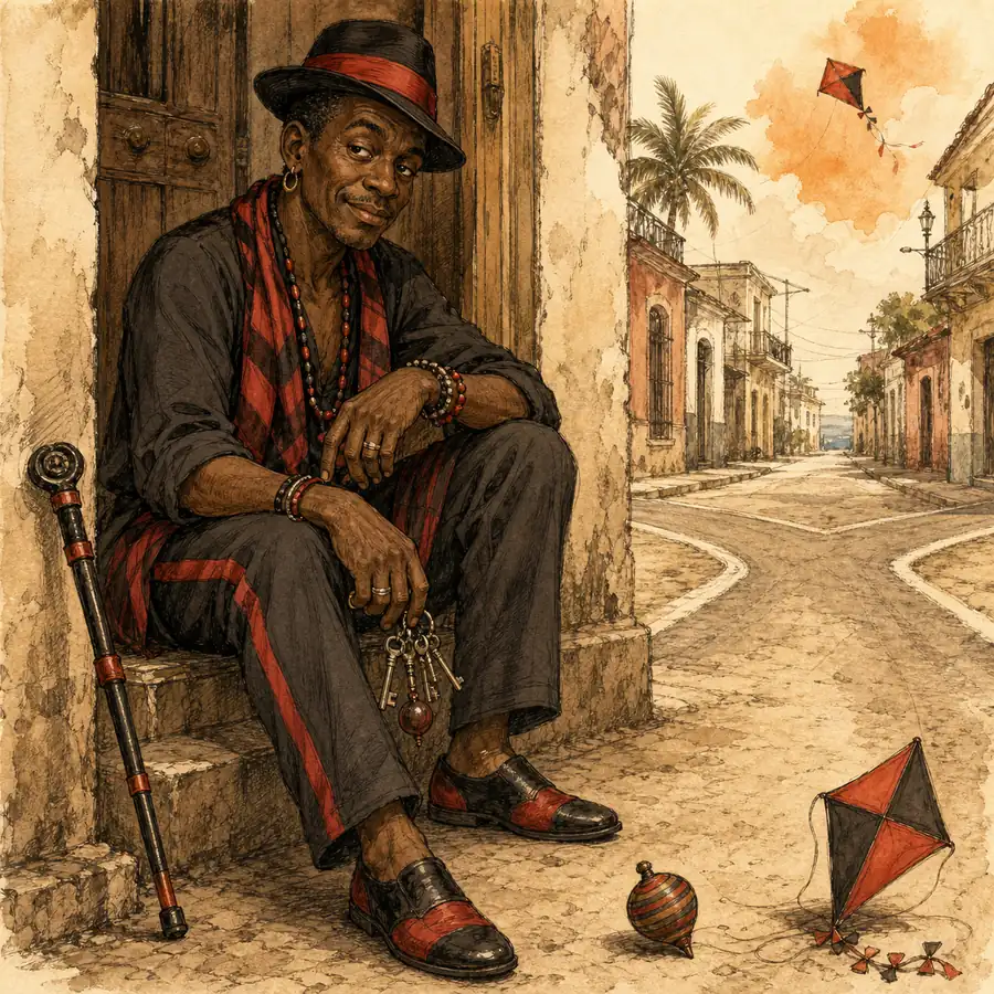 Ilustración editorial de Elegguá como guardián de una puerta y una encrucijada cubana