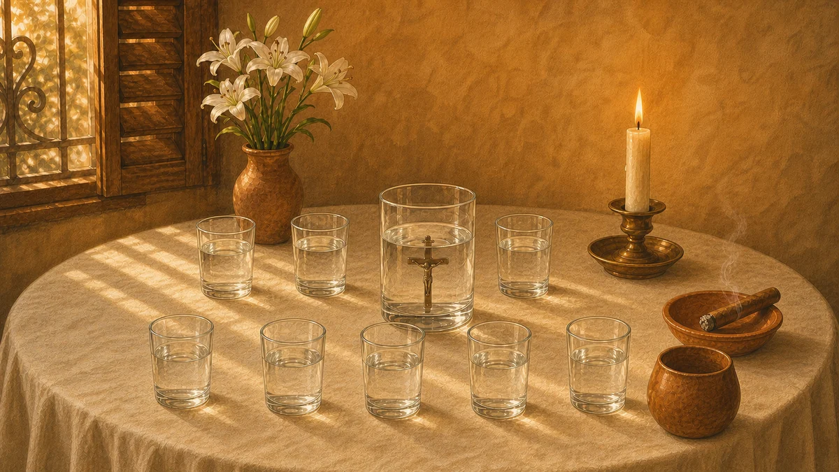 Bóveda espiritual montada con copas de agua, la copa grande con un crucifijo, vela encendida y flores blancas