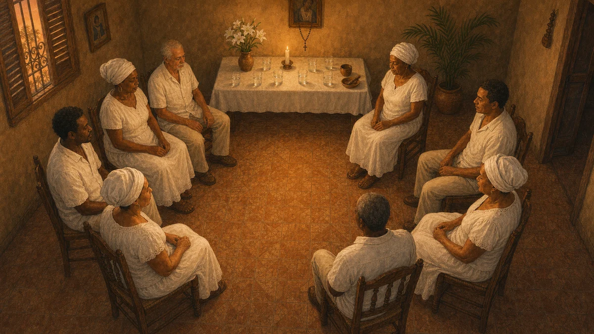 Misa espiritual: los asistentes sentados en círculo cerrado alrededor de la bóveda