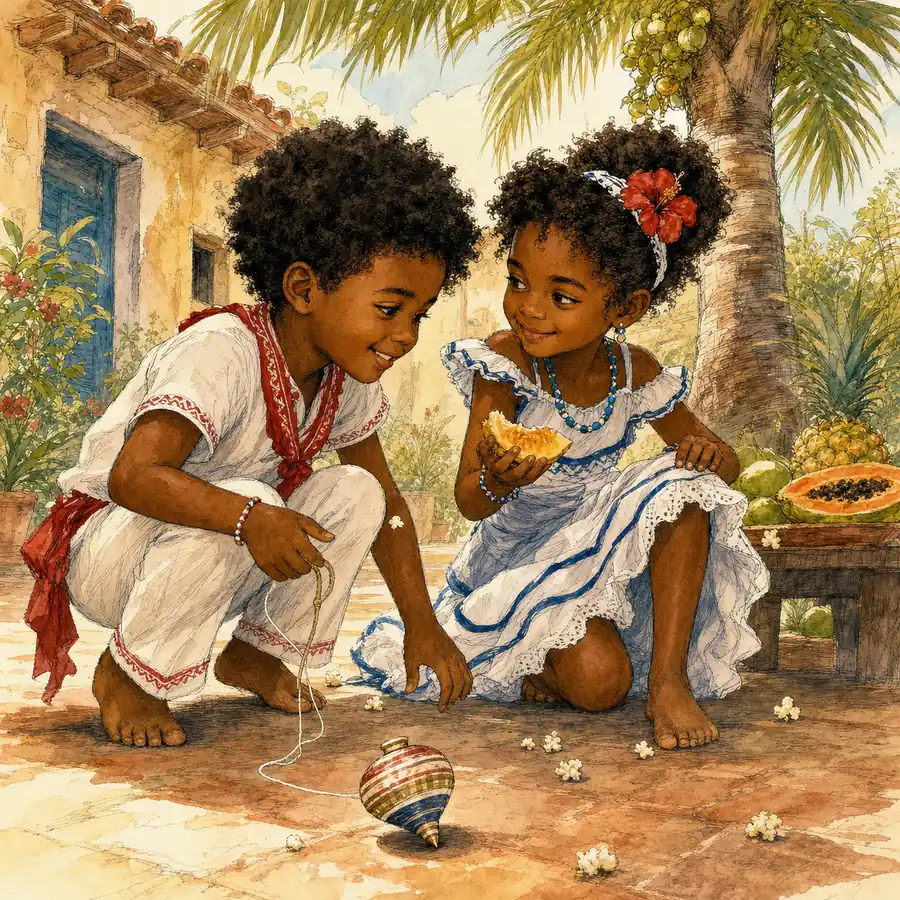 Ilustración editorial de los Ibeyi jugando juntos en un patio cubano