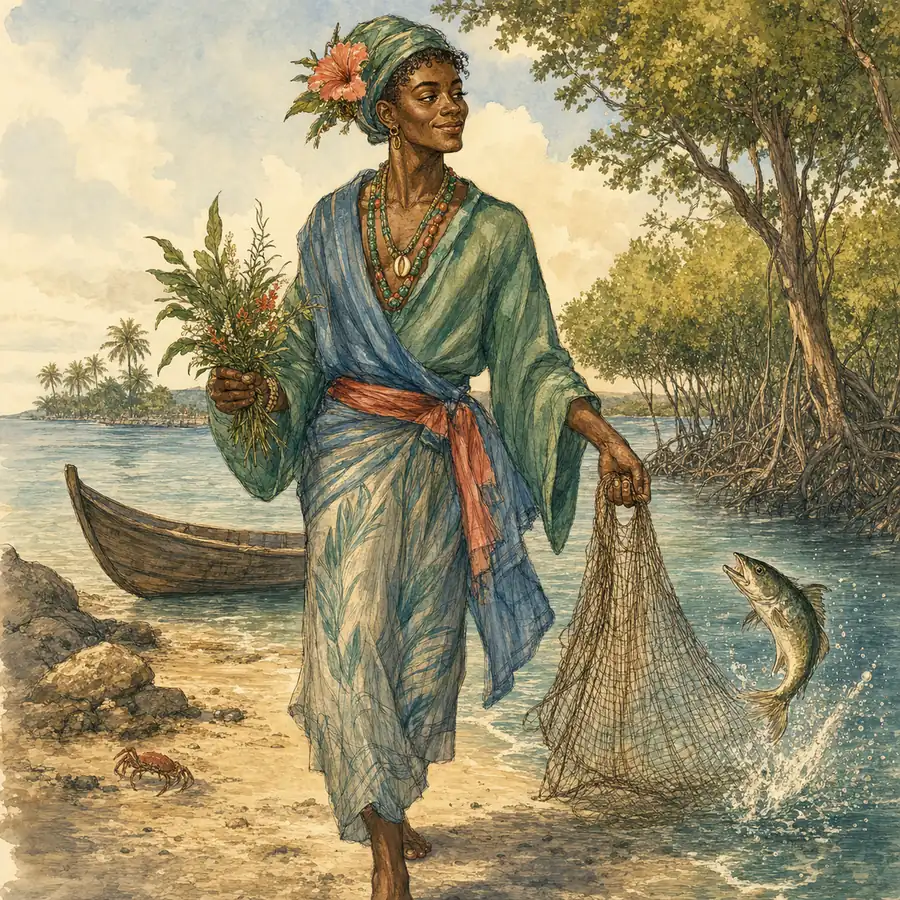 Ilustración editorial de Inle con hierbas y red de pesca donde un río se une con el mar