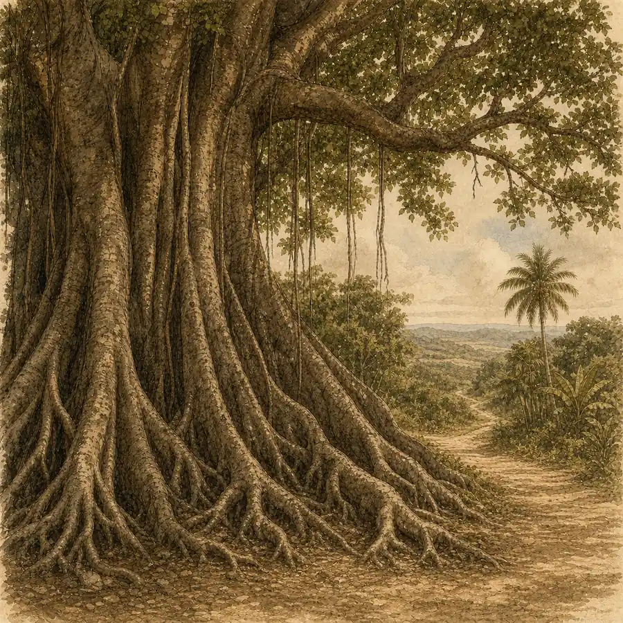 Ilustración editorial de una gran ceiba con raíces expuestas junto a un camino rural cubano
