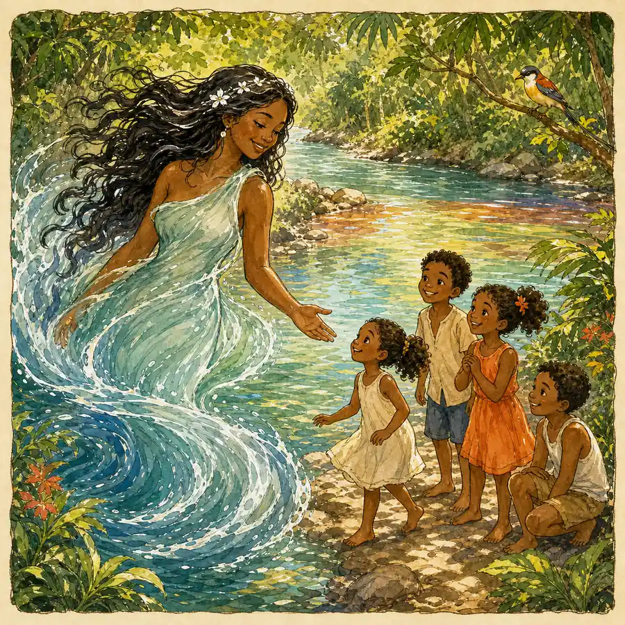 Ilustración editorial de Kori Koto como presencia de agua dulce que protege a unos niños junto al río