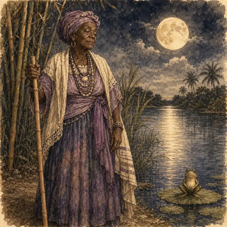 Ilustración editorial de Naná Burukú junto a una laguna iluminada por la luna