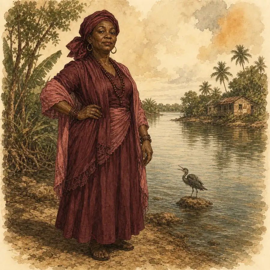 Ilustración editorial de Obbá Naní junto a un río y una laguna, con postura firme y serena