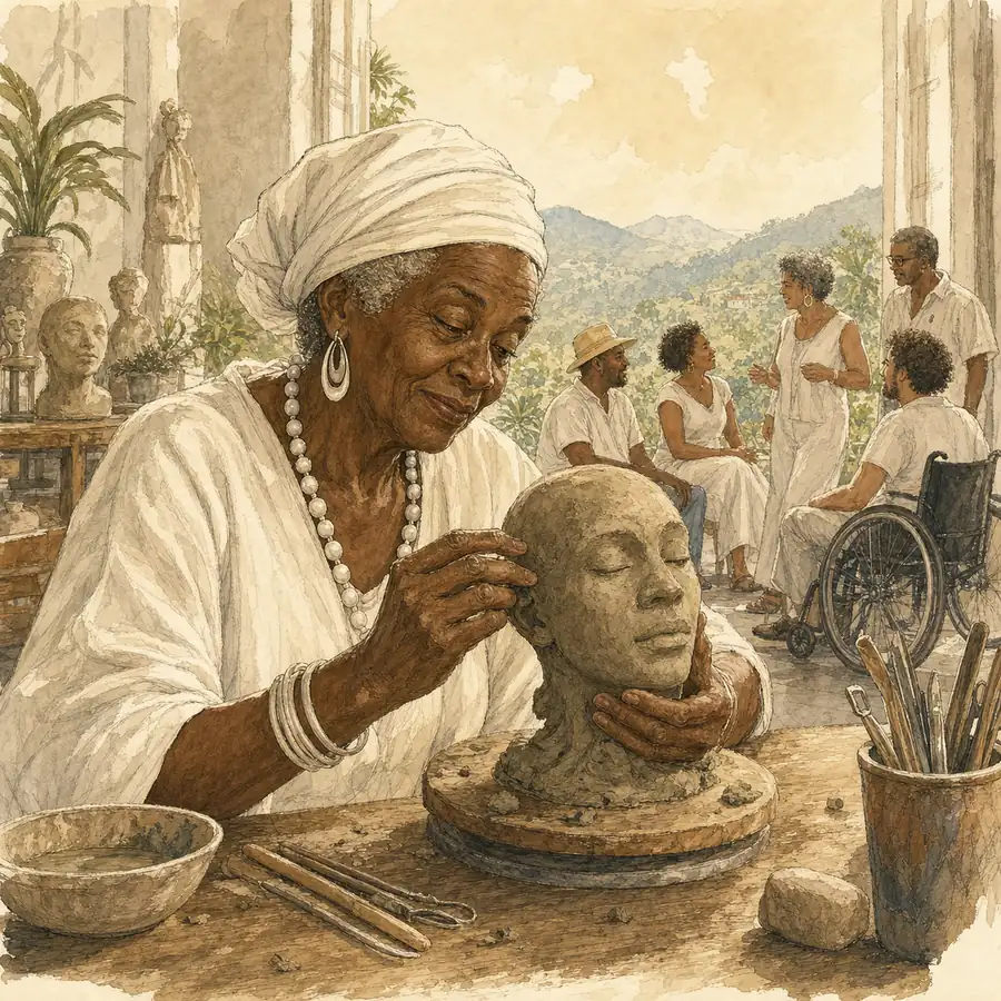 Ilustración editorial de Obbatalá modelando una cabeza de arcilla en un taller blanco