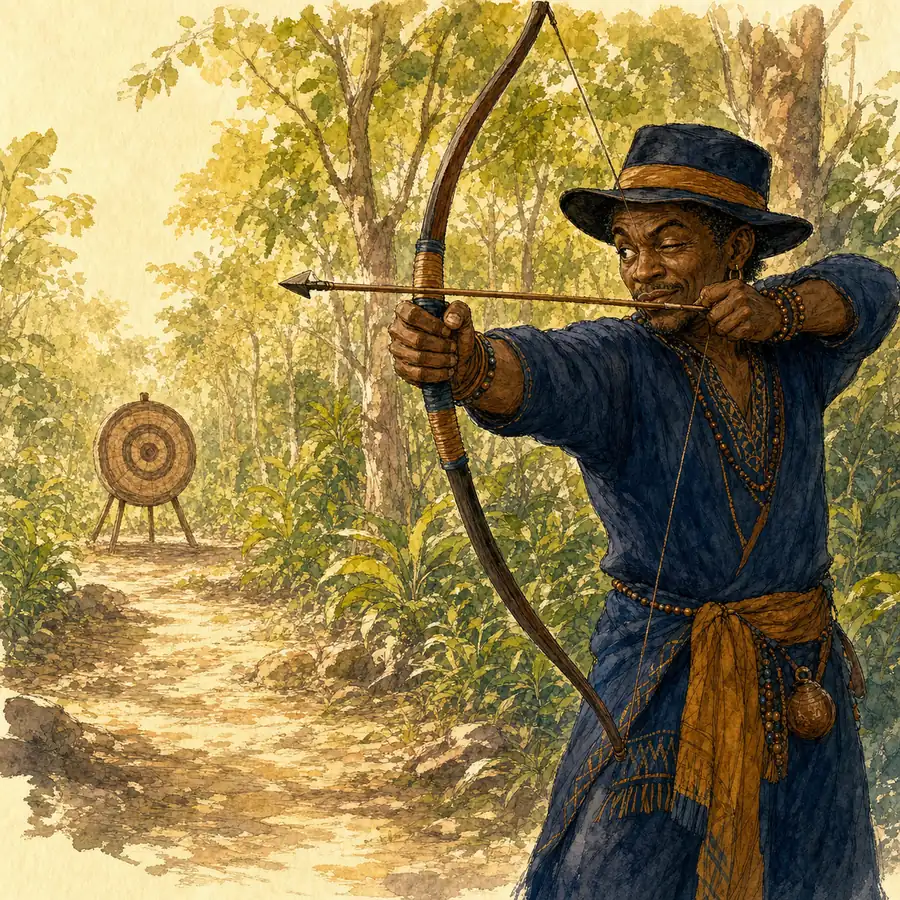 Ilustración editorial de Ochosi apuntando a una diana en un bosque cubano