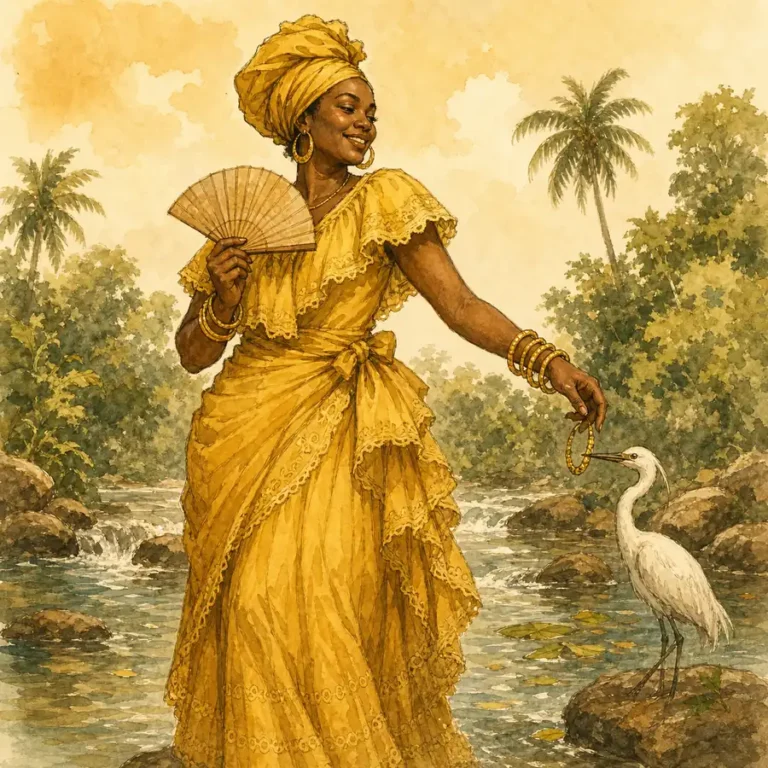 Ilustración de Ochún, orisha del río, el amor y la dulzura, vestida de amarillo con abanico