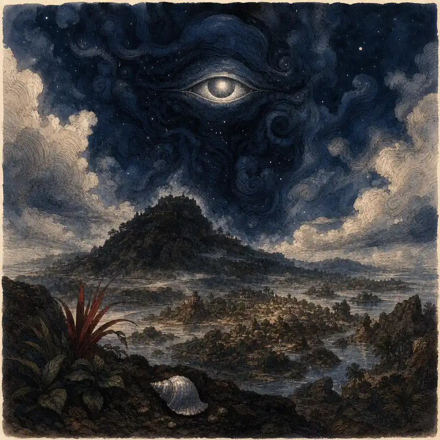 Ilustración editorial de Oduduwa como presencia nocturna sobre una tierra en formación