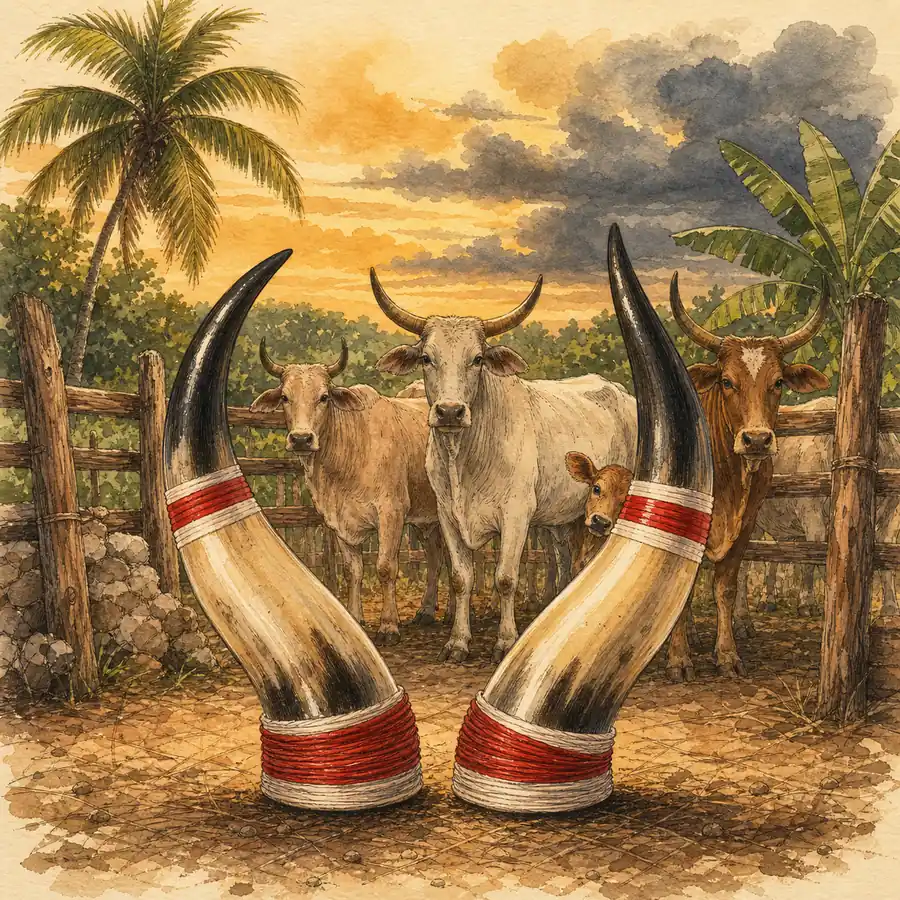 Ilustración editorial de los cuernos de Oggue ante un rebaño en el campo cubano