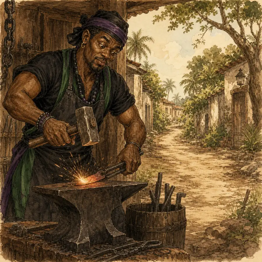 Ilustración editorial de Oggún trabajando el hierro en una fragua cubana