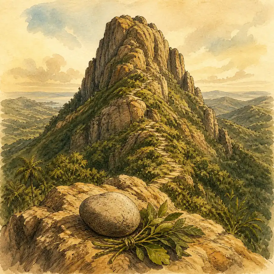 Ilustración editorial de una montaña de Oke con una piedra y hojas en primer plano
