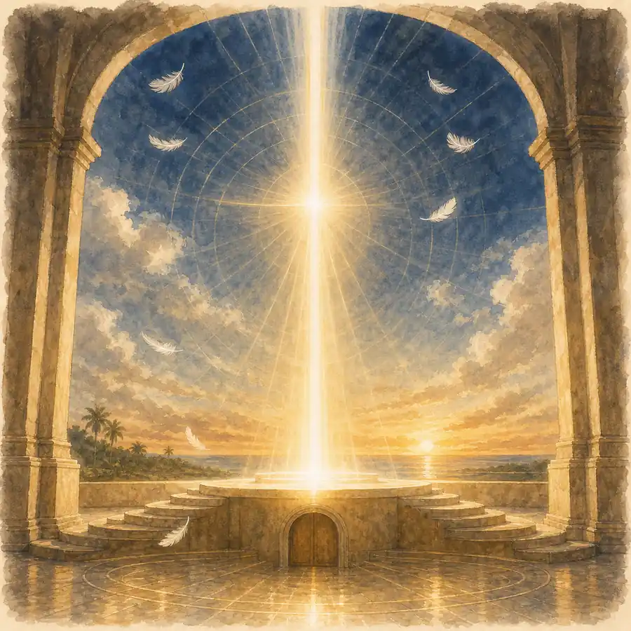 Ilustración simbólica de Olofin como luz de autoridad entre el cielo y la tierra