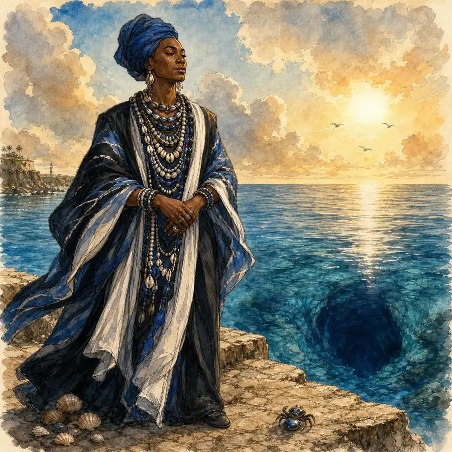 Ilustración editorial de Olokun ante el océano profundo y una cueva submarina