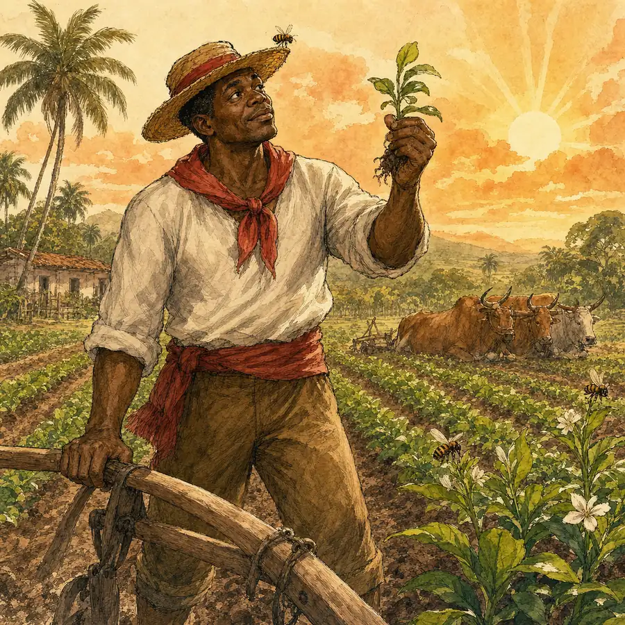 Ilustración editorial de Orisha Oko trabajando una tierra fértil entre cultivos y abejas
