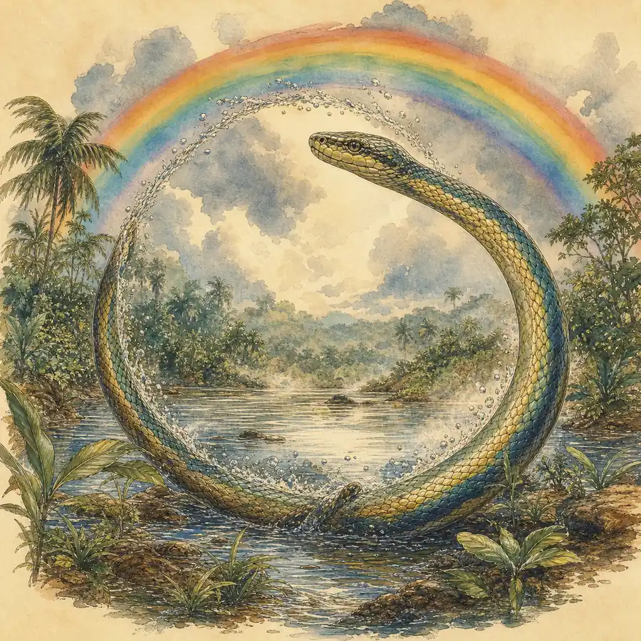 Ilustración editorial de la serpiente de Oshumare bajo un arcoíris después de la lluvia