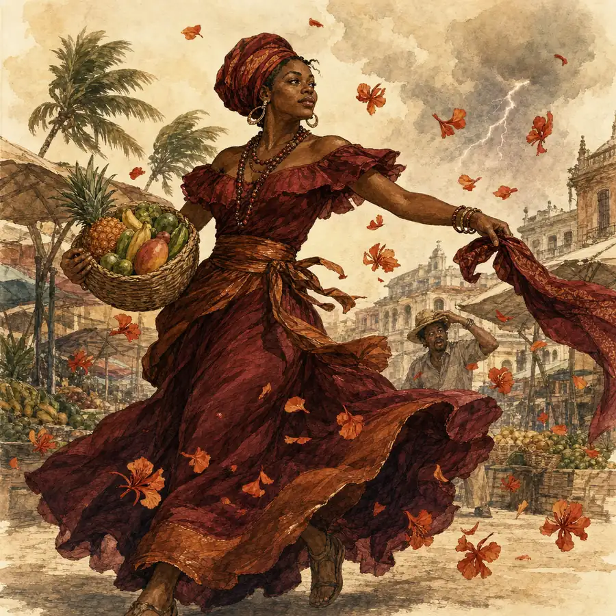Ilustración editorial de Oyá caminando con firmeza por un mercado cubano bajo una ráfaga