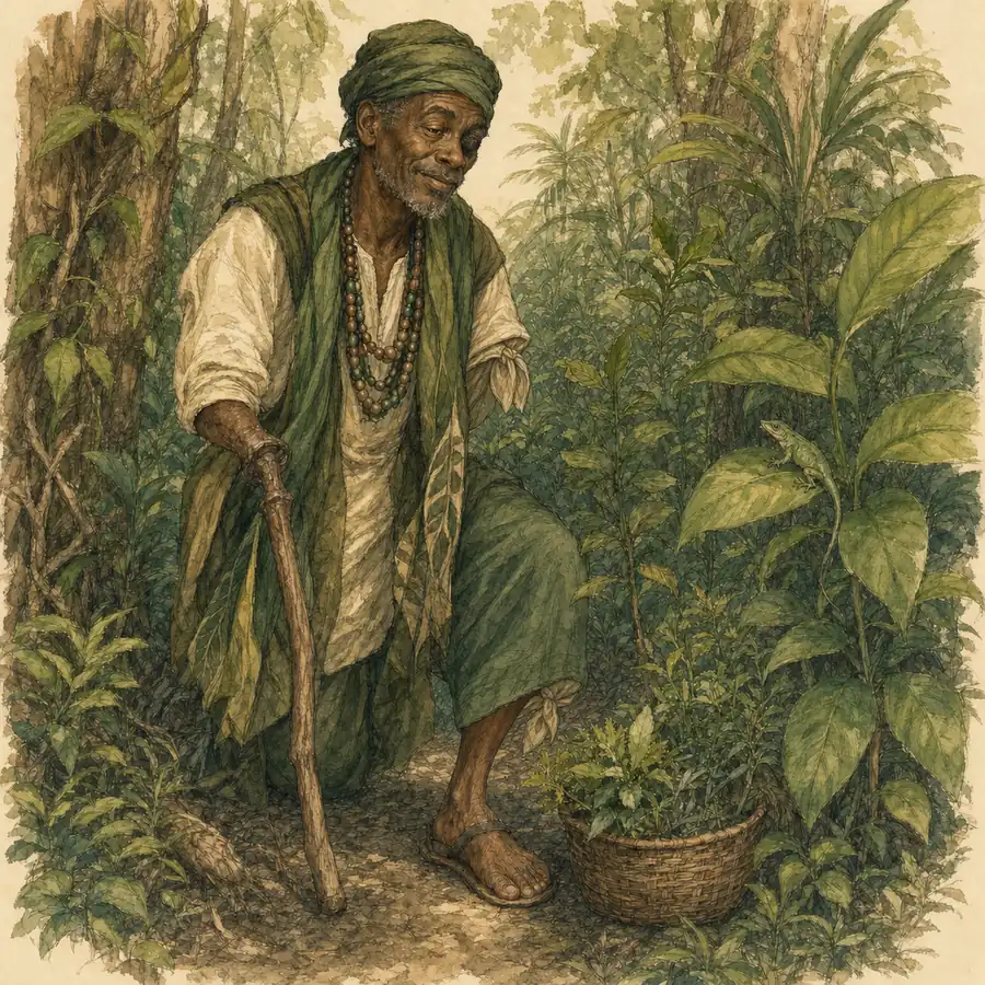 Ilustración editorial de Ozaín reconociendo plantas en un monte cubano