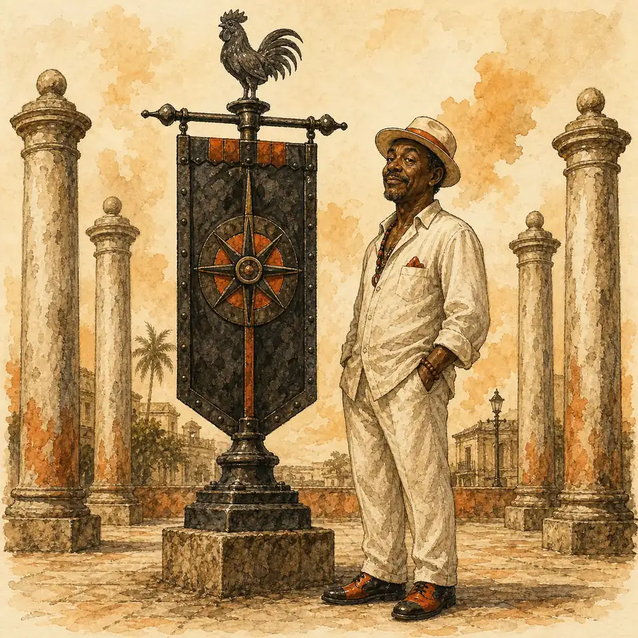 Ilustración editorial de Ozun como estandarte vertical vigilado entre cuatro pilares