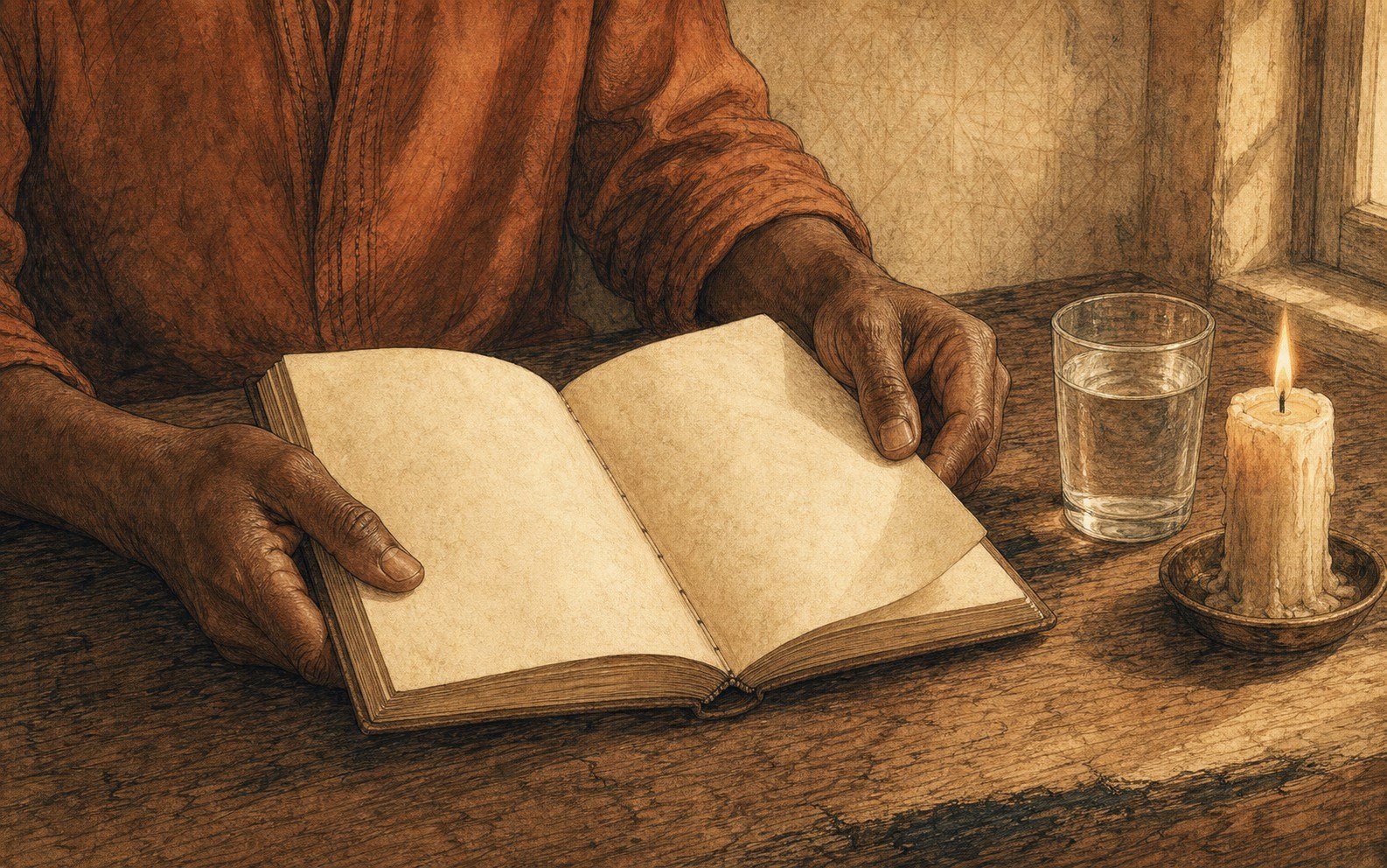 Manos de un mayor sobre un cuaderno abierto junto a un vaso de agua y una vela encendida