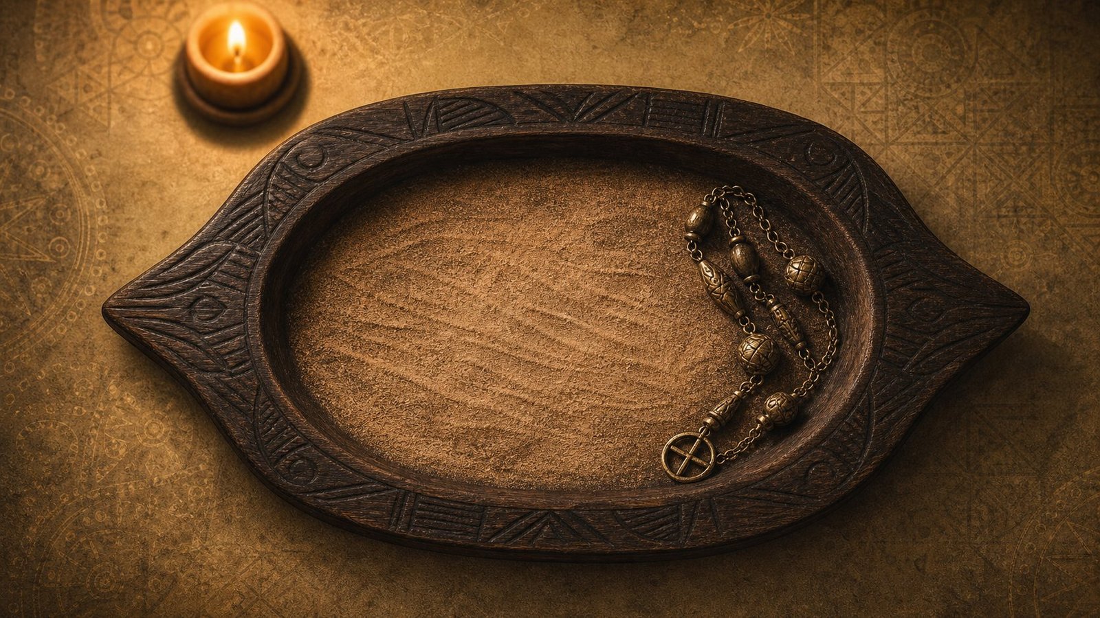 Tablero de adivinación de madera tallada con arena y un collar ritual, iluminado por una vela