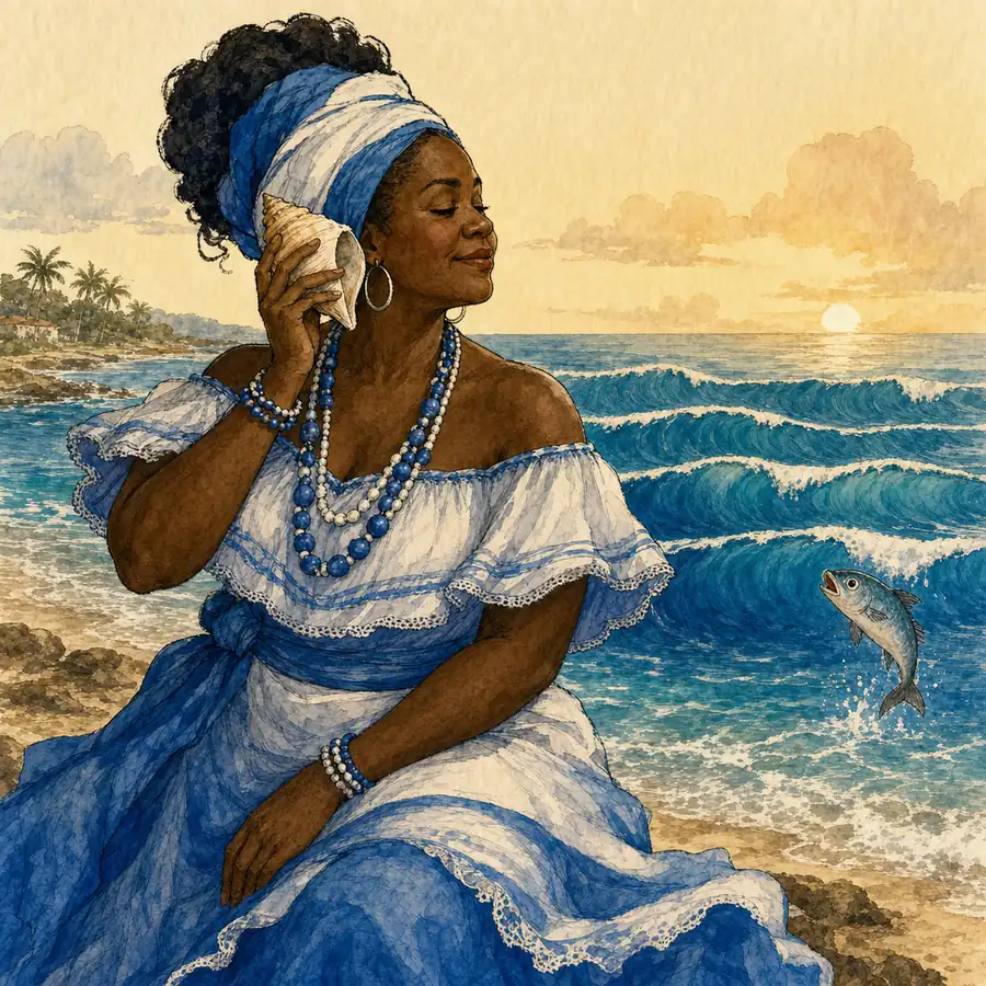 Ilustración editorial de Yemayá escuchando una concha frente al mar cubano