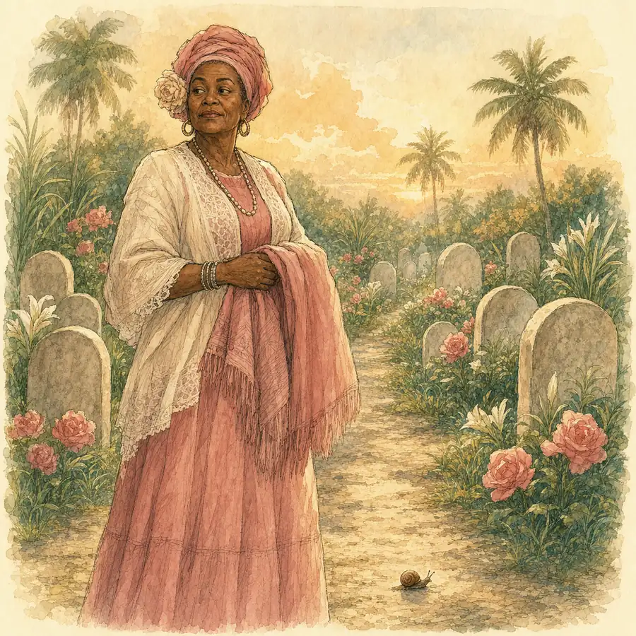 Ilustración editorial de Yewá en un jardín de cementerio cubano con flores rosadas
